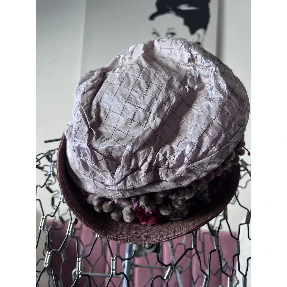 Vintage Lavender Quilted Silk Floral Toque Hat Mauve Pom Pom‎ Mid Century Style